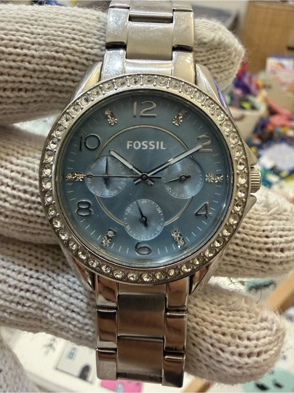 Fossil Riley ES3529 Watch Silver Stainless Steel Crystal Light Blue Dial Unisex